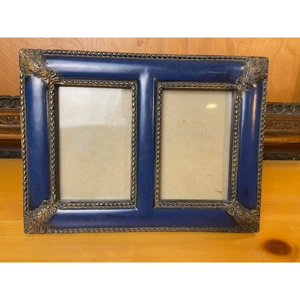 Vintage Blue and Gold Double Photo Frame 2-Opening Tabletop Wall Mount 8x6